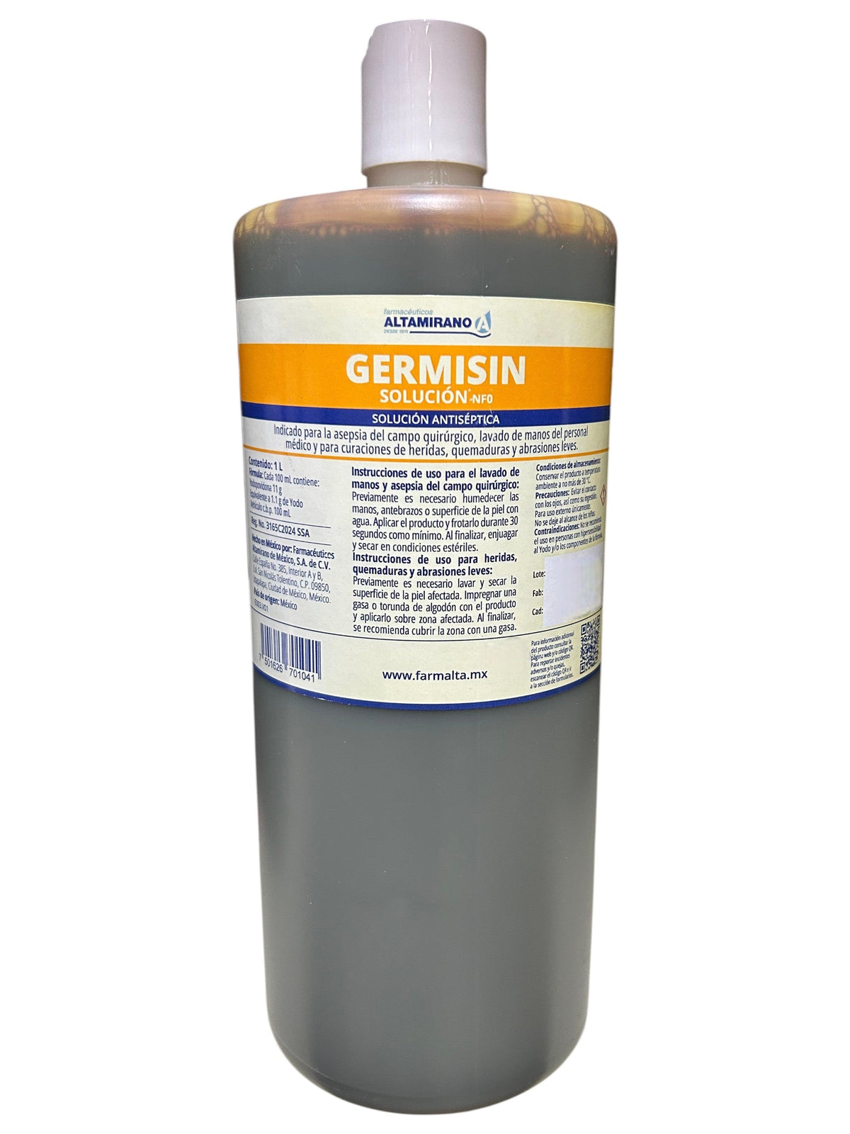 Solución hospitalaria Germisin de 1 litro, material quirúrgico de la marca Altamirano, en envase transparente con etiqueta blanca.