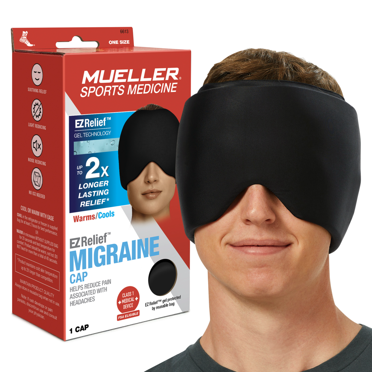 Gorra para migraña Mueller EZ Relief de color gris con diseño ajustable, diseñada para aliviar dolores de cabeza y migrañas.
