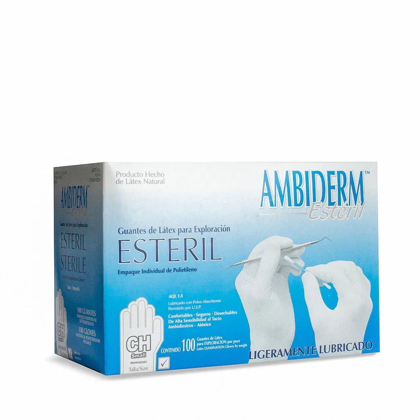 Guantes estériles de látex blanco AMBIDERM, ambidiestros, lisos y sin polvo, en caja con 100 piezas para uso hospitalario y quirúrgico.