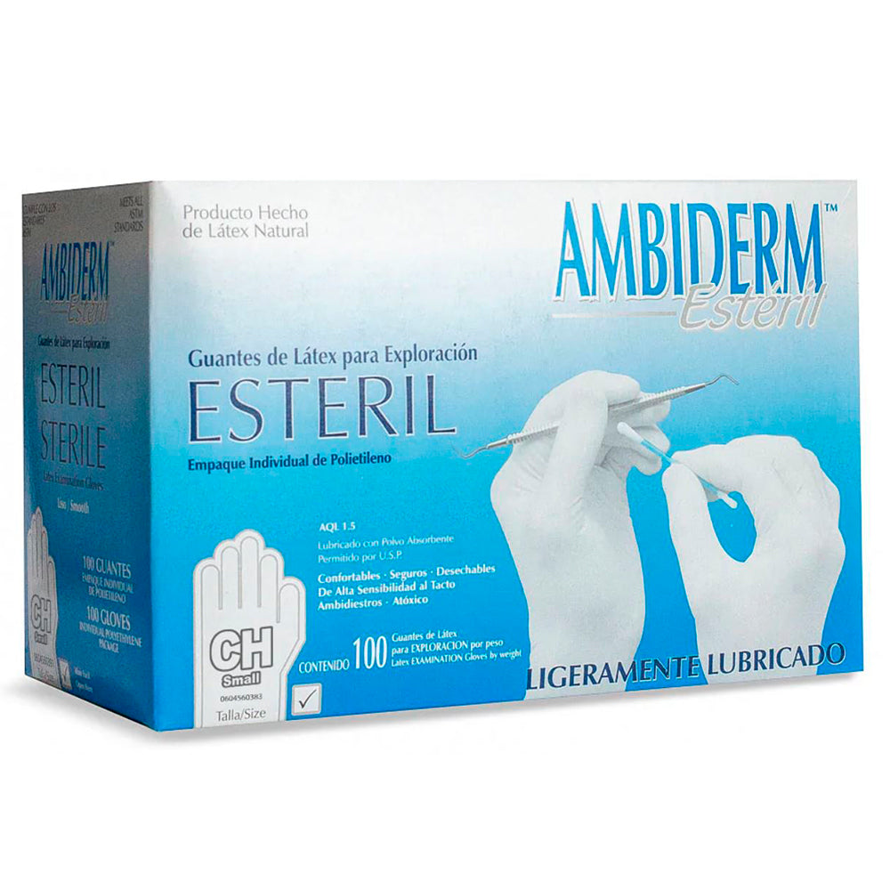 Guantes Estériles Ambiderm de Látex Blanco Bajo en Polvo, Lisos, Caja con 100 Pzas