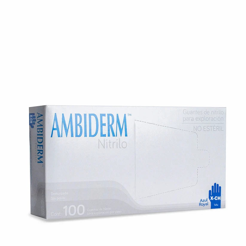 Guantes de nitrilo ambidiestros AMBIDERM, tamaño extra chico, color azul royal, sin látex ni polvo, caja con 100 unidades