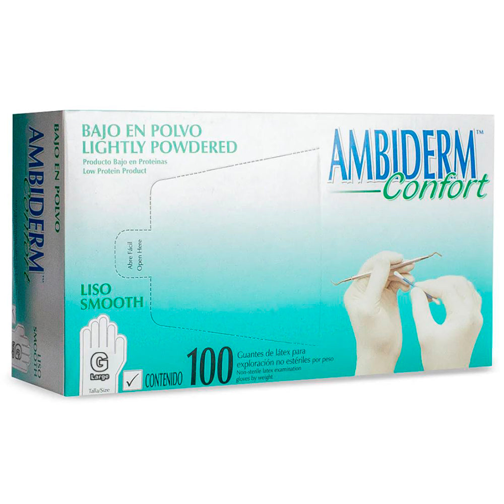 Guantes hospitalarios desechables AMBIDERM de látex blanco, tamaño grande, confort y sin esterilización, en caja de 100 unidades.