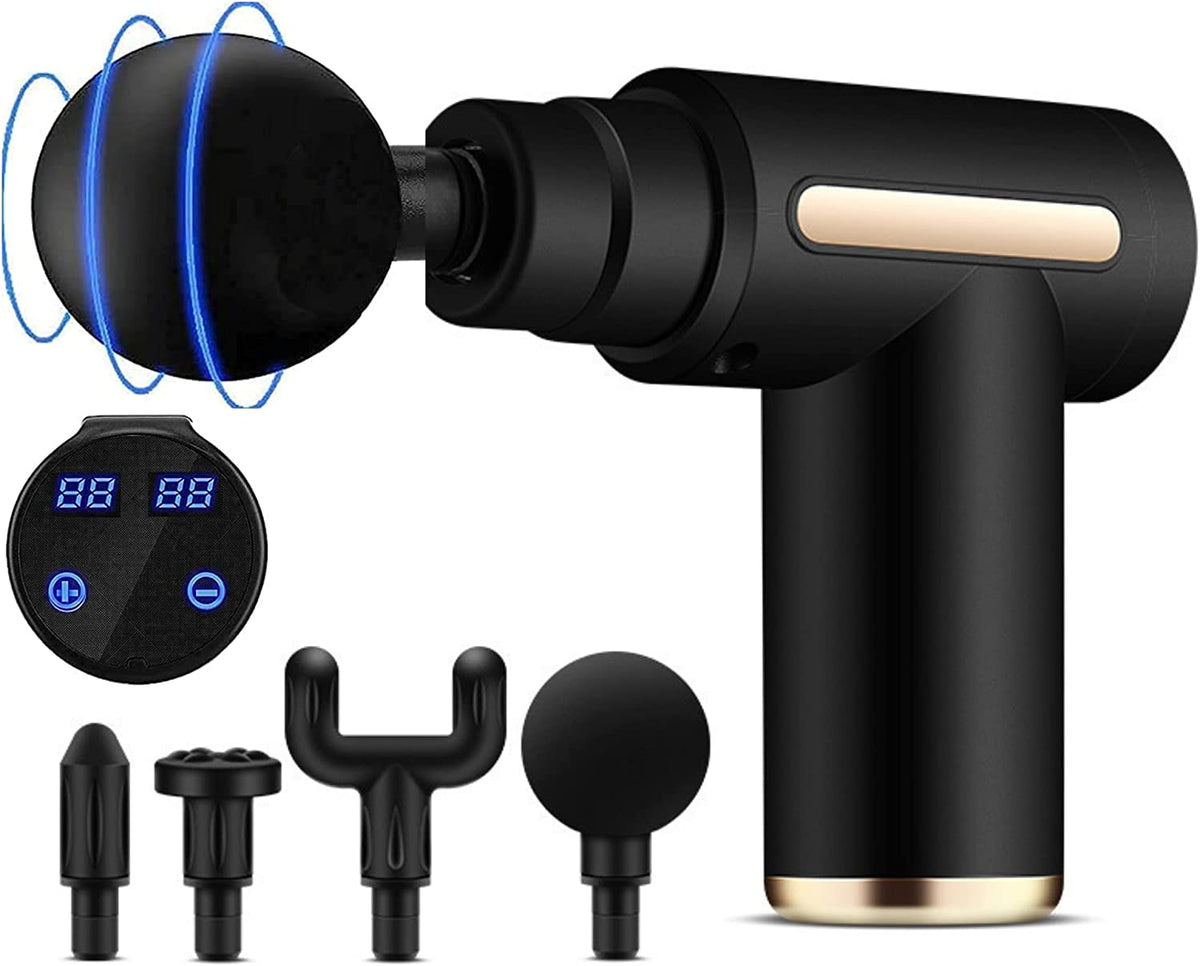 Vibrador de masaje muscular DC-eterus, pistola de masaje portátil con cabezales intercambiables para aliviar tensiones.