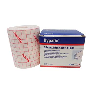 Cinta hospitalaria BSN Hypafix de 10 cm x 10 m, material quirúrgico para fijación y protección en cuidados médicos.