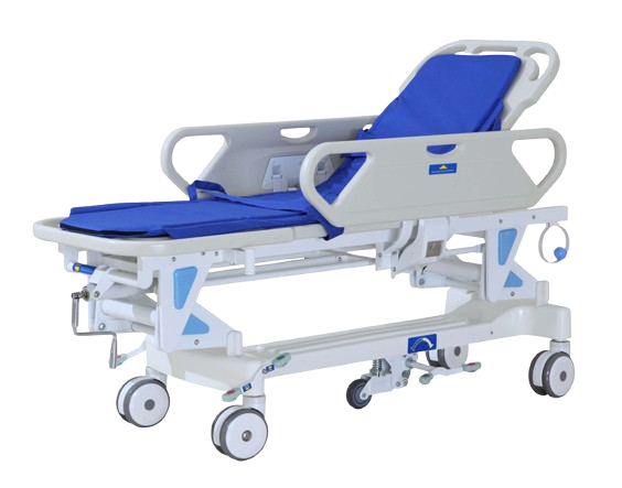 Adjustable hospital bed with blue cushions and side rails on wheels designed for patient care