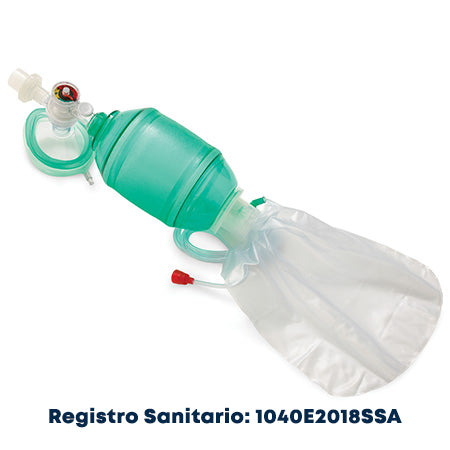 Resucitador adulto desechable con manómetro de la marca Beracah Médica, mostrando el dispositivo y el manómetro en la imagen.
