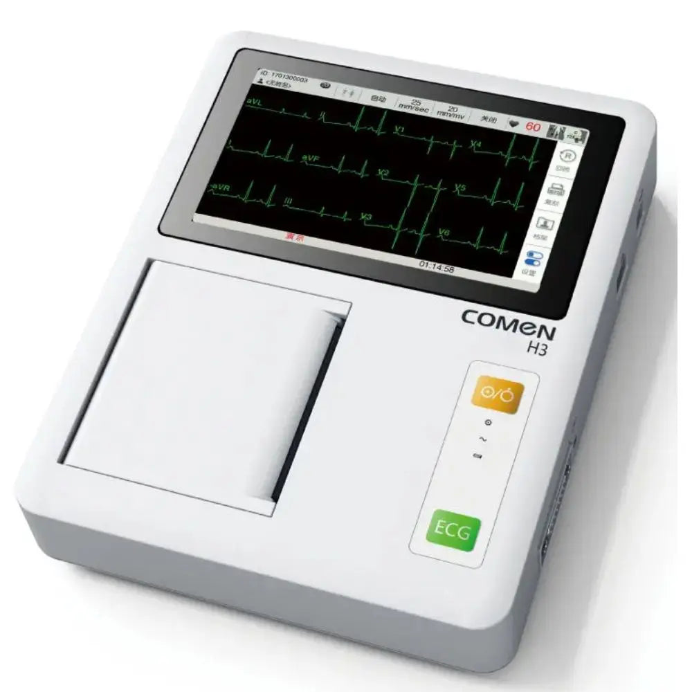 Electrocardiógrafo de 12 canales Beracah Medica, muestra pantalla y cables conectados, equipo médico para monitoreo cardíaco.