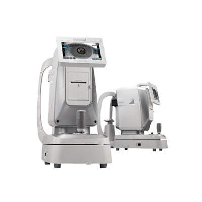 Autorrefractómetro y queratómetro Beracah Medica HRK-9000 mostrando pantalla y sensores para medición ocular.