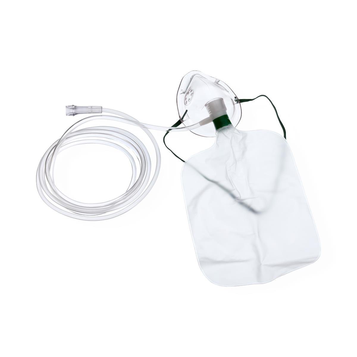 Mascarilla de oxígeno de alta concentración Beracah Medica con reservorio alargado, caja con 50 piezas para suministro de oxígeno adulto.