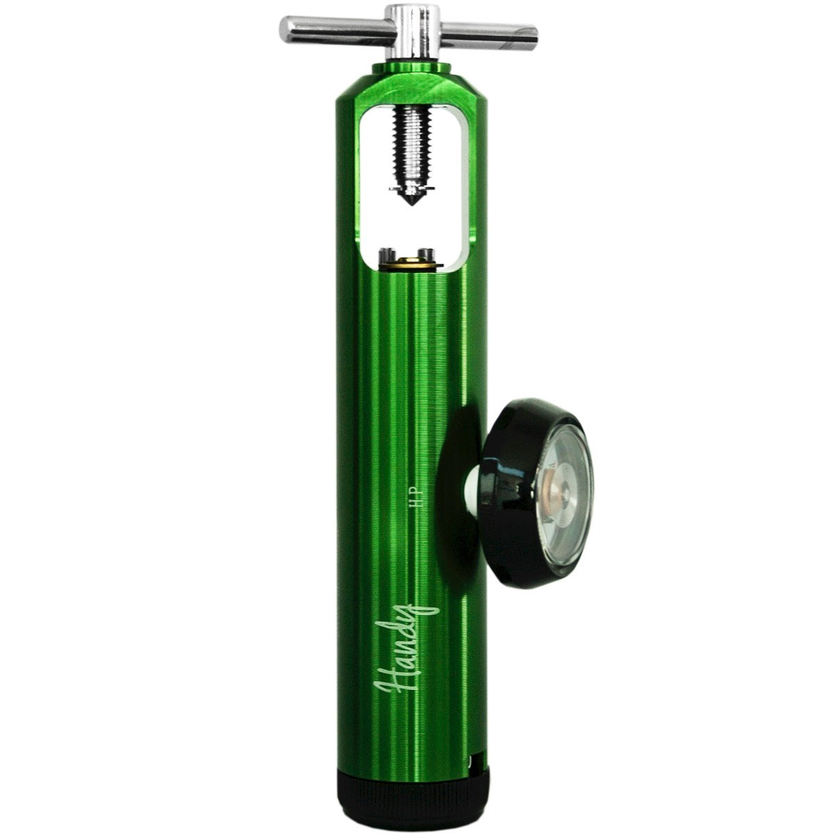 Regulador de oxígeno extendido verde de la marca Beracah Medica, parte del equipo de flujómetros y reguladores.