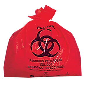 Bolsa de polietileno roja de baja densidad para residuos biológicos, 20x30 cm, 1 kg, con impresión, de la marca Beracah Medica.