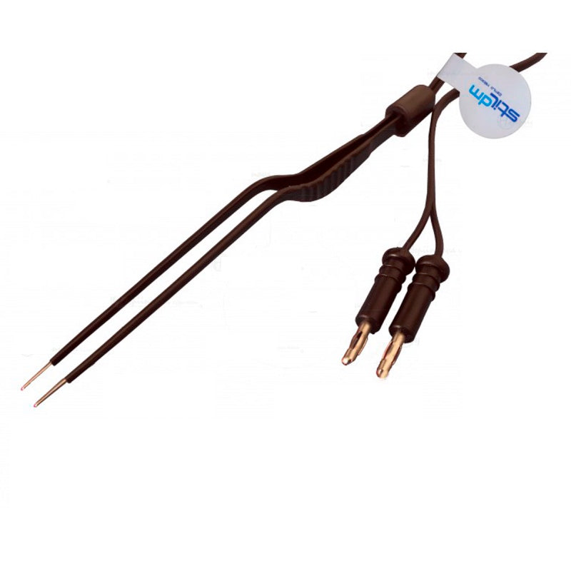 Pinza bipolar tipo bayoneta desechable de la marca Beracah Medica, con punta precisa para procedimientos médicos.