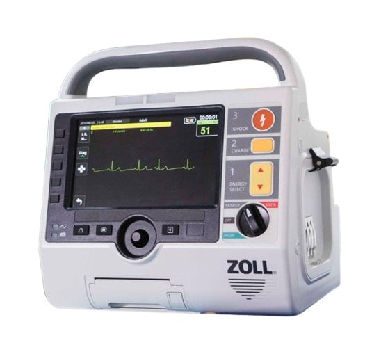 Desfibrilador Zoll M2 MSI de Beracah Medica con 5 derivaciones y sensor SpO2, pantalla y controles en la parte frontal.