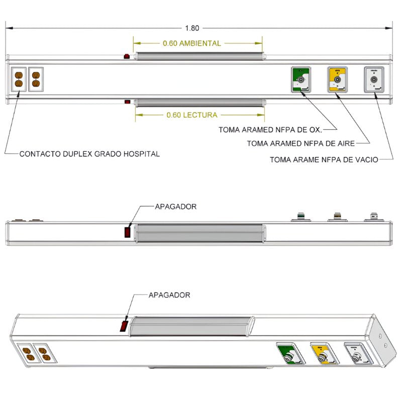 Consola médica Beracah Medica para cuarto de hospital, con 4 tomas (aire, oxígeno, vacío) y 4 contactos con iluminación.