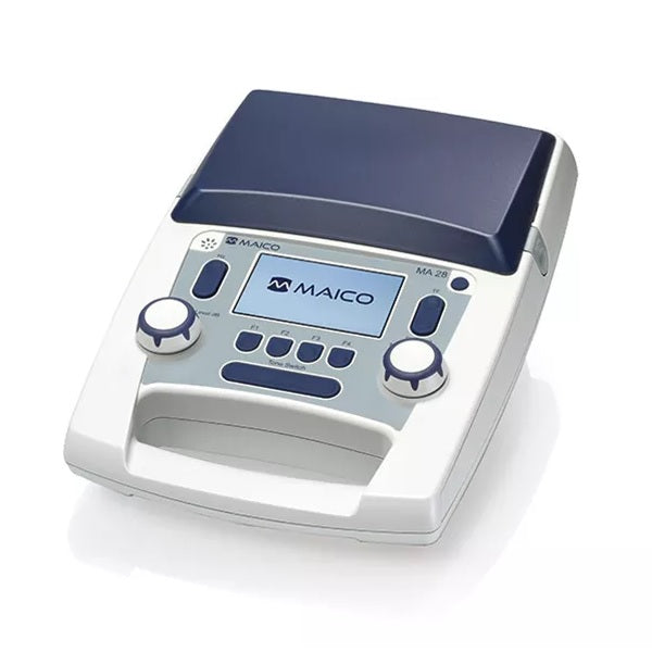 Audiómetro portátil Beracah Medica MA 28 para conducción aérea y ósea con software, muestra el dispositivo y su pantalla.
