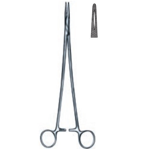 Porta agujas de Mayo Hegar delgado de 16 cm de la marca Beracah Medica, con mango metálico y diseño ergonómico para cirugías.
