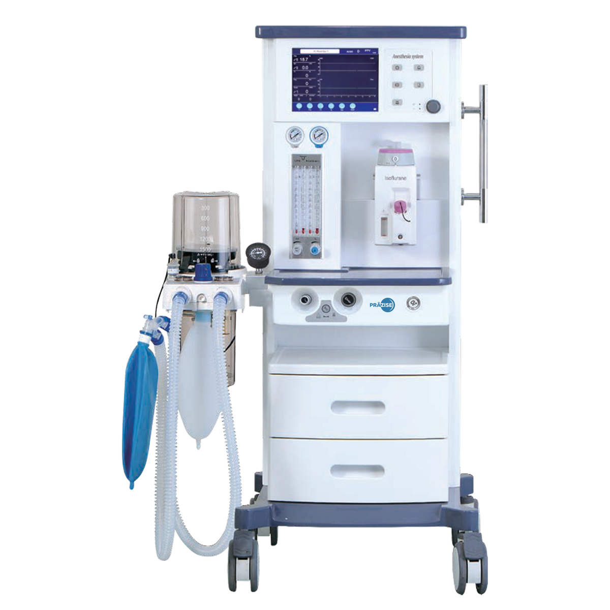 Aparato de anestesia Beracah Medica PRZ-AN200 con dos vaporizadores, control de gases y modos ventilatorios, en color gris.