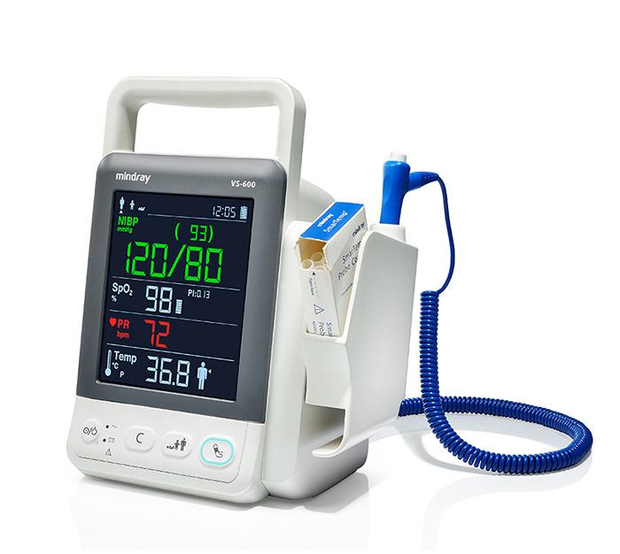 Monitor para paciente Beracah Medica de signos vitales 5.7" con pantalla para SpO2, PNI y temperatura, mostrando la pantalla y botones