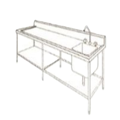 Mesa MSI con respaldo de 230cm y fregadero derecho para triturador, marca Beracah Medica, con superficie resistente y funcional.