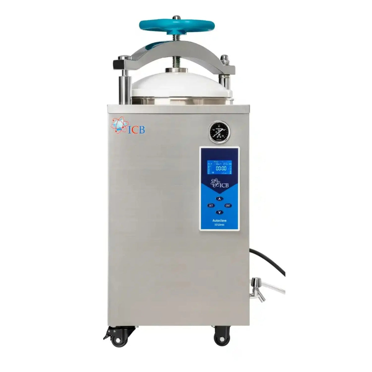 Autoclave vertical semiautomático de 50 litros de la marca Beracah Medica, con puerta y controles visibles.