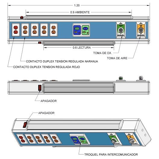 Consola 4 V delta de 120 cms con lámparas, 2 tomas, 5 contactos duplex, troquel para intercomunicador e iluminacion