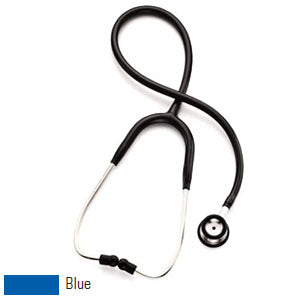 Estetoscopio Spectrum adulto azul de Beracah Medica, con diagrama en el pecho y tubos de goma azul para auscultación médica.