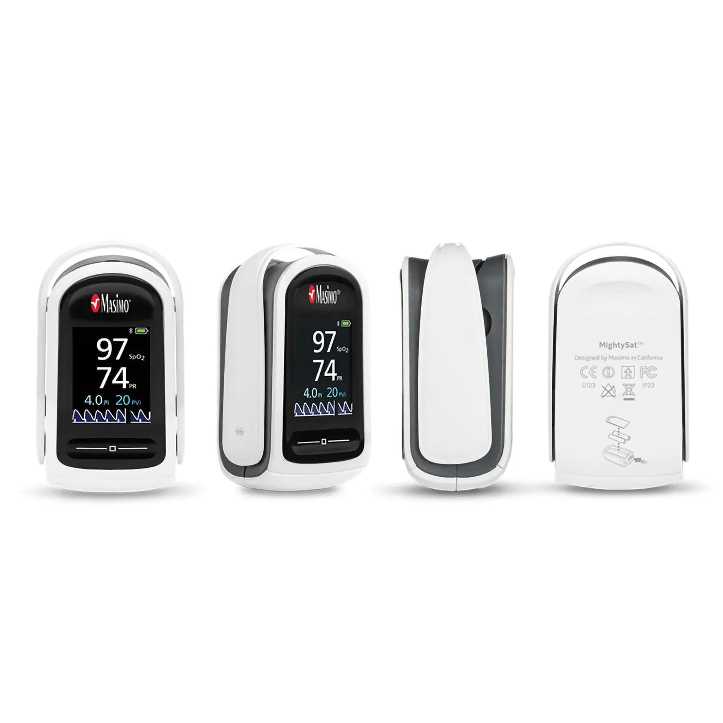 Oxímetro de pulso de dedo MightySat Rx de Beracah Medica con Bluetooth, muestra niveles de SpO2, frecuencia cardíaca y PI.
