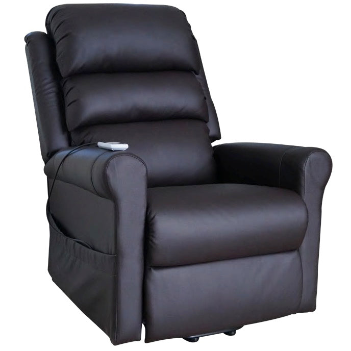 Sillón reclinable MSI de Beracah Medica en vinipiel chocolate con sistema de masaje y calor, visible desde el ángulo frontal.