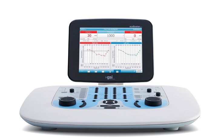 Audiómetro clínico de 2 canales Beracah Medical Audiostar Pro con audífonos y vibrador por vía ósea.