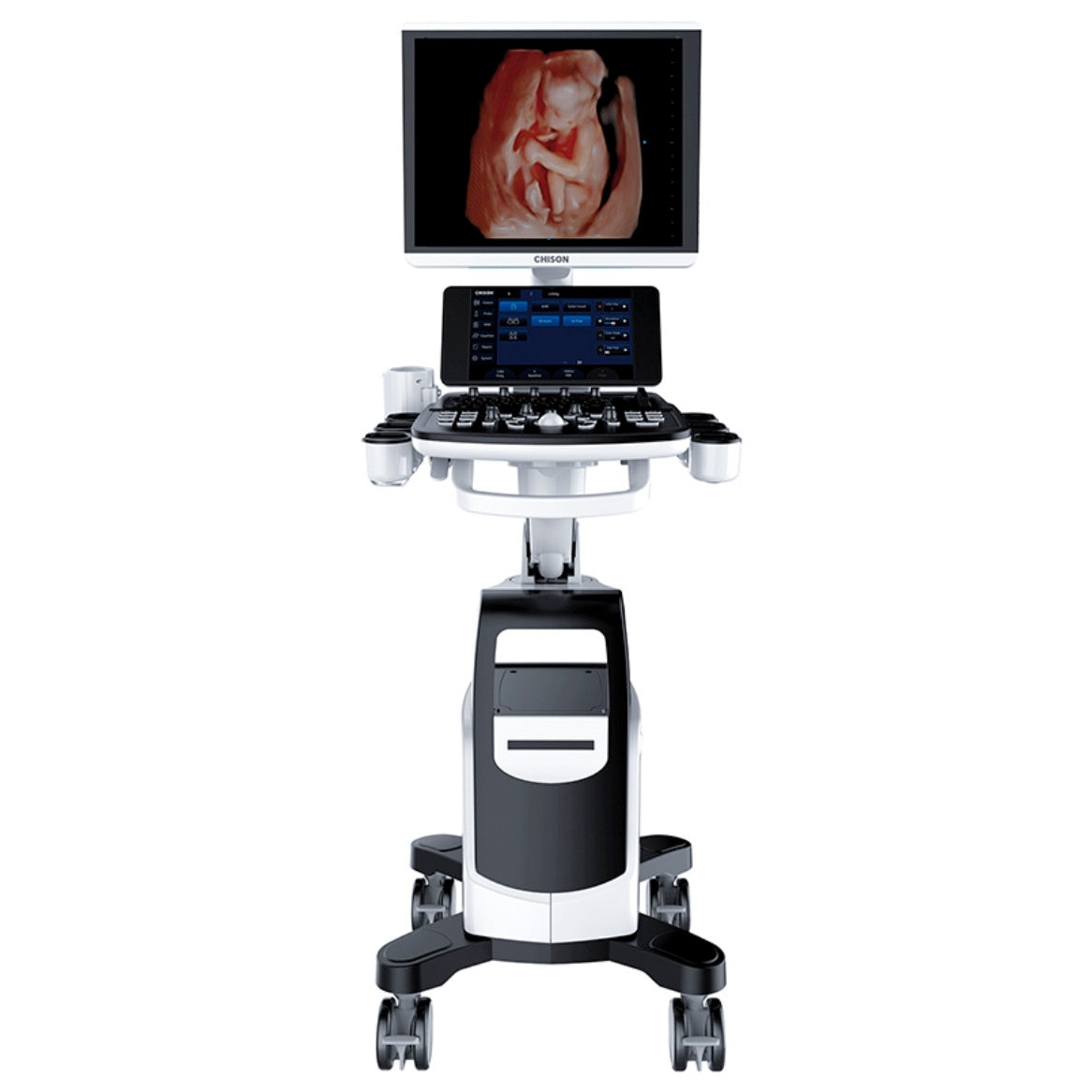 Ultrasonido de gabinete Doppler color Beracah Medica 19" con pantalla y 4 transductores para diagnóstico médico.