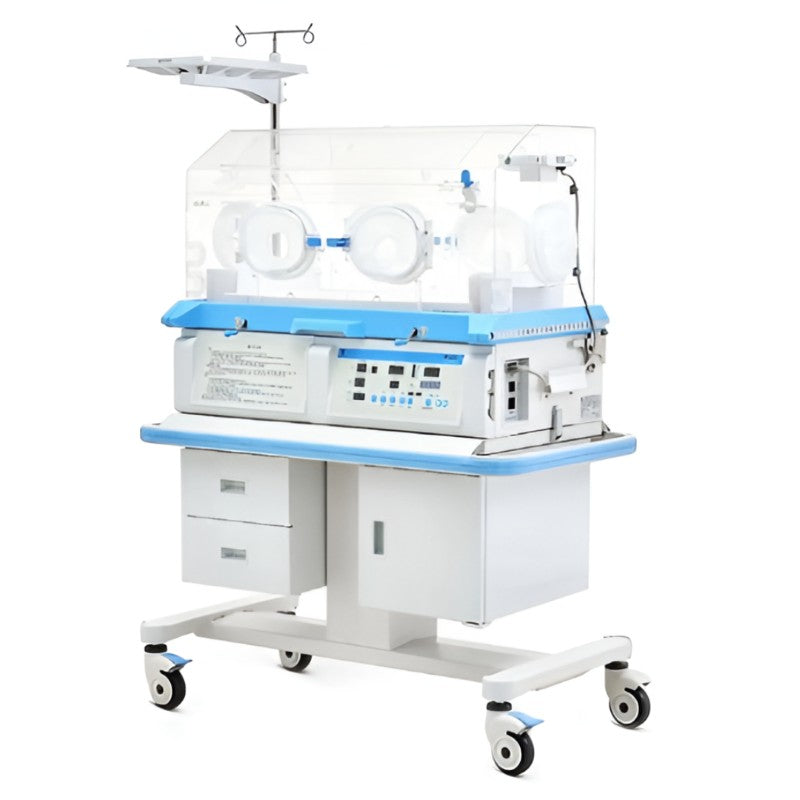 Incubadora neonatal MSI Beracah Medica modelo NK-20N con gabinete y cajones, vista interior con controles y accesorios.