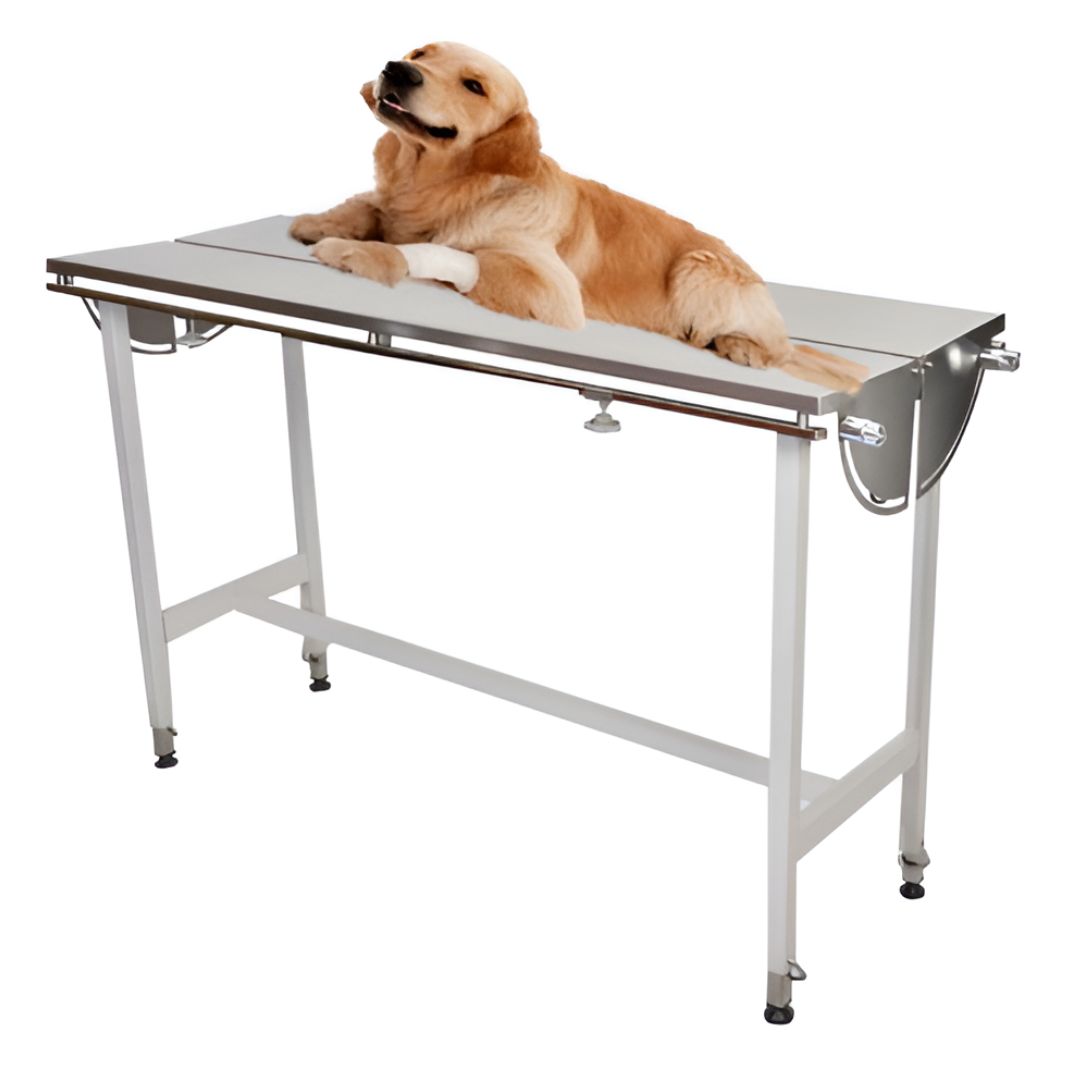 Mesa quirúrgica veterinaria para especies menores Basic+ de acero inoxidable, con superficie lisa y estructura resistente.