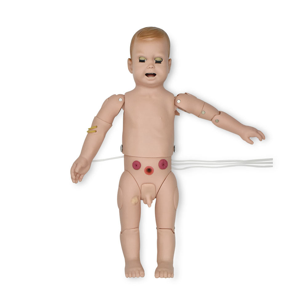 Maniquí simulador infantil para entrenamiento de cuidados de enfermería de Beracah Medica, con detalles realistas para educación sanitaria.
