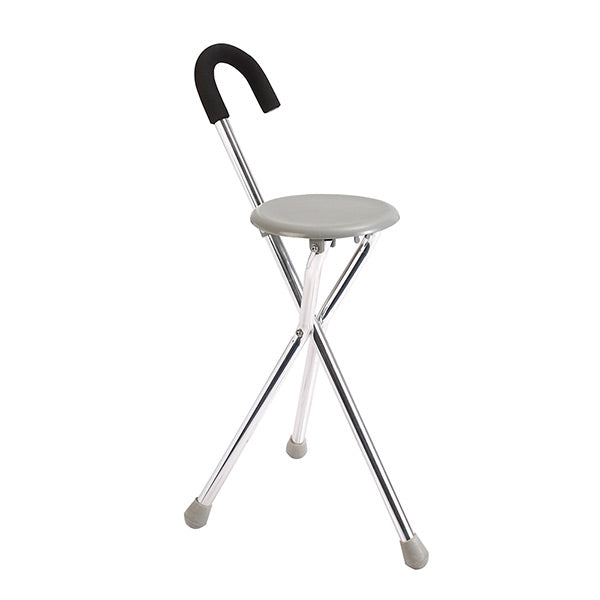 Bastón con asiento de color plata de la marca Beracah Medica, con asiento plegable y mango ergonómico para mayor comodidad.