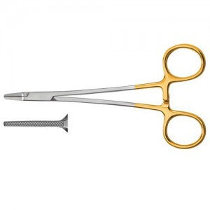Porta agujas de 15 cm de tungsteno premium de la marca Beracah Médica, mostrando su diseño y acabado en la imagen.