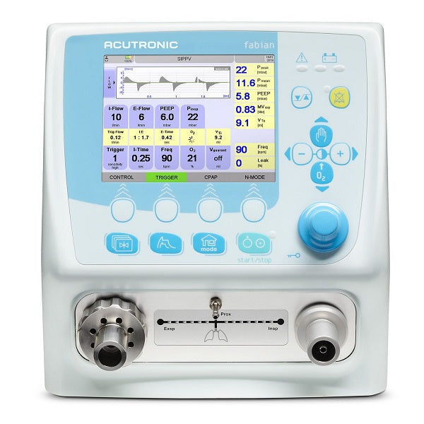 Ventilador volumétrico neonatal y pediátrico Beracah Medica modelo Fabian +nCPAP evolución, con pantalla y controles.