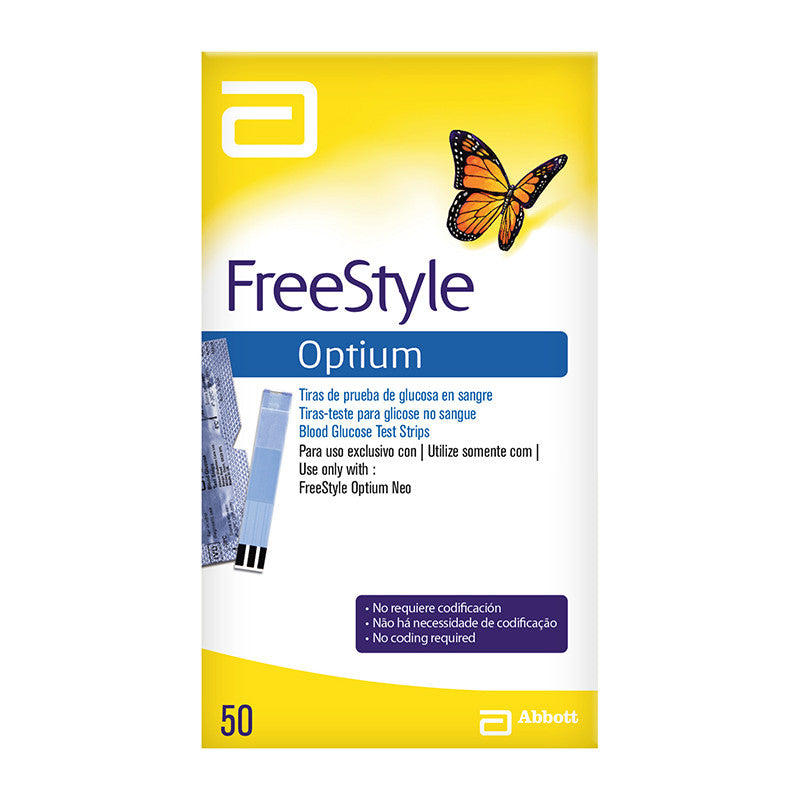 Tiras reactivas FreeStyle Optium Neo H para glucometro, caja con 50 unidades, marca Beracah Medica, para control de glucosa.