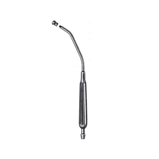 Canula de Yankauer pediátrica de 21.6 cm en acero inoxidable con punta, utilizada para procedimientos médicos infantiles.