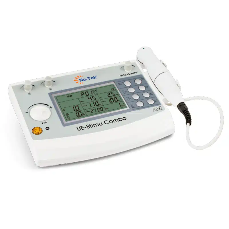 Equipo portátil de electroterapia Beracah Medica CT1022 con modos pulsado y continuo, pantalla y controles en el dispositivo.