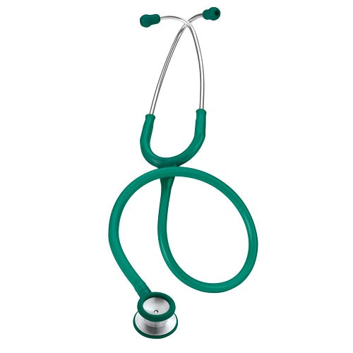 Estetoscopio doble campana verde para adultos de la marca Beracah Medica, con diagrama y mangueras en la imagen.