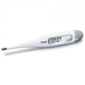 Termómetro digital rígido blanco de Beracah Medica, muestra la pantalla con lectura de temperatura en un entorno clínico