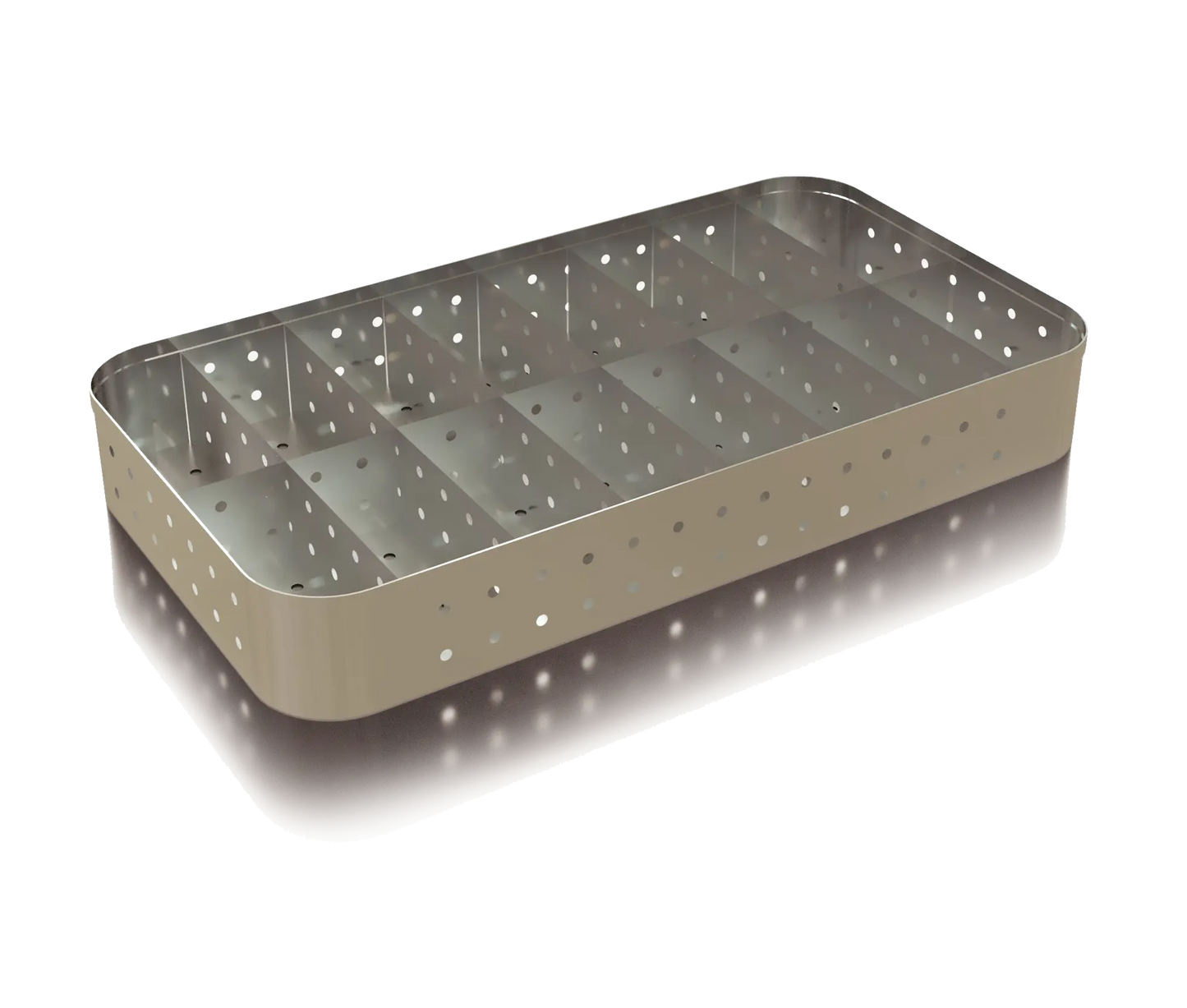 Canastilla de acero inoxidable para estibar vacunas y biológicos, medidas 48x26x5 cm, para transporte seguro y eficiente.