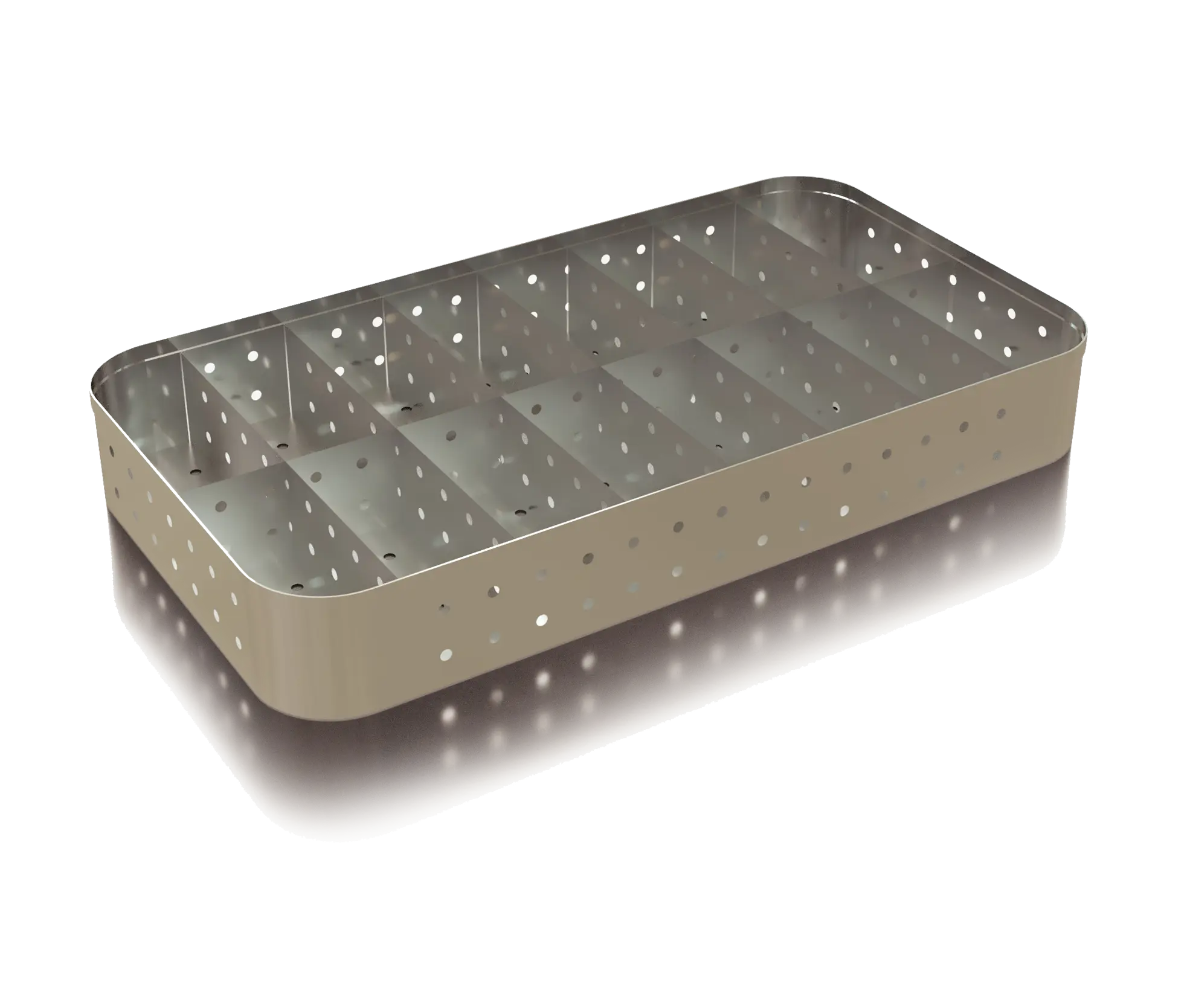 Canastilla de acero inoxidable para estibar vacunas y biológicos, medidas 48x26x5 cm, para transporte seguro y eficiente.