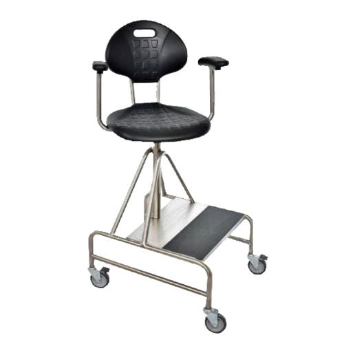 Silla para hidroterapia MSI de acero inoxidable con ruedas y altura ajustable, diseñada para terapia acuática y movilidad.