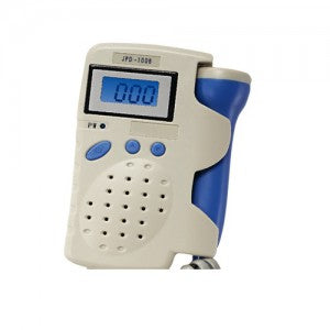 Detectores fetales portátil Beracah Medica con pantalla LCD azul y transductor de 2.5 MHz, mostrando la pantalla y controles.