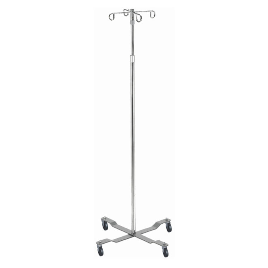 Porta sueros de pedestal Beracah Medica con 4 patas y 2 ganchos, ideal para venoclisis en entornos médicos.