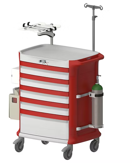 Carro rojo para emergencias de plastico ABS con 5 cajones 104 x 68 x 84 cm POLYCART