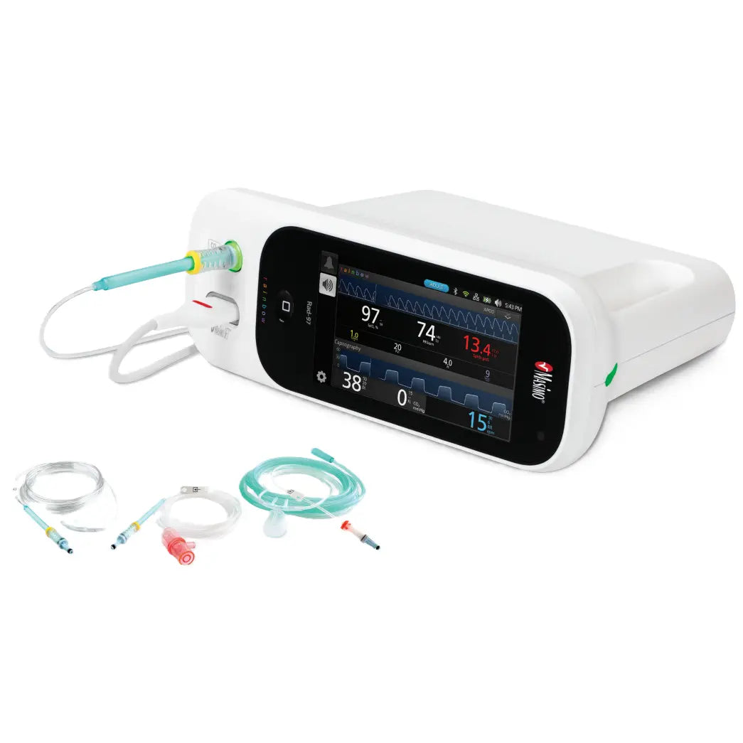 Oxímetro de pulso Rad-97 CO2 NomoLine de Beracah Medica en escritorio, muestra pantalla digital y sensores en el dispositivo.