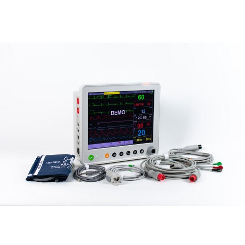 Monitor para paciente Beracah Médica de 12" Balam II con ECG, SPO2, temperatura y NIBP, con pantalla y cables visibles.