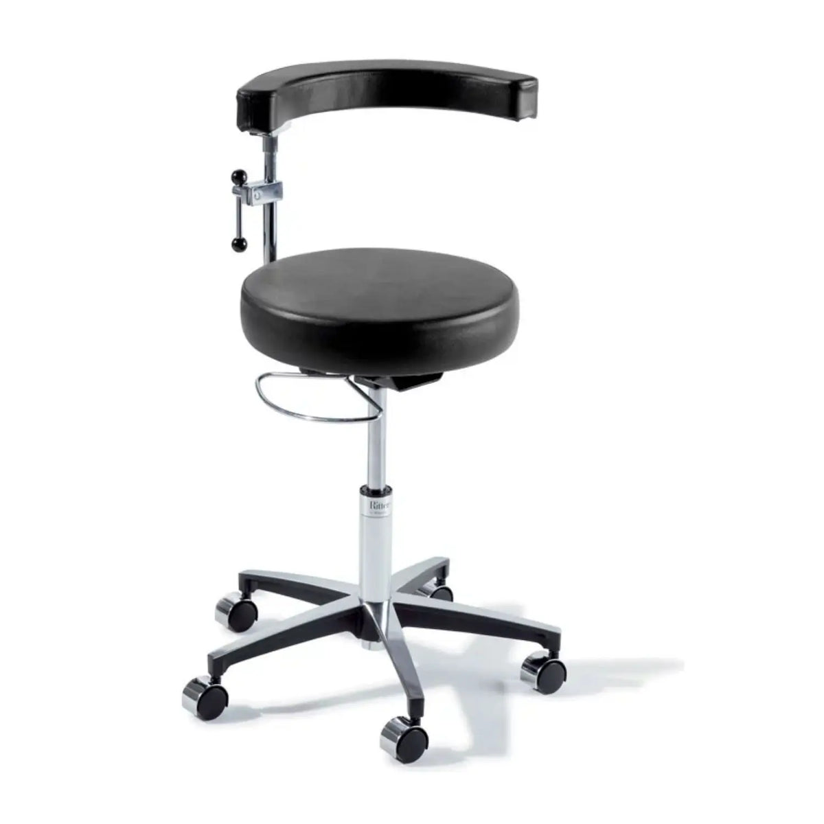 Taburete clínico Ritter 279 Air Lift en color lino oscuro, banco médico con respaldo y estructura robusta.